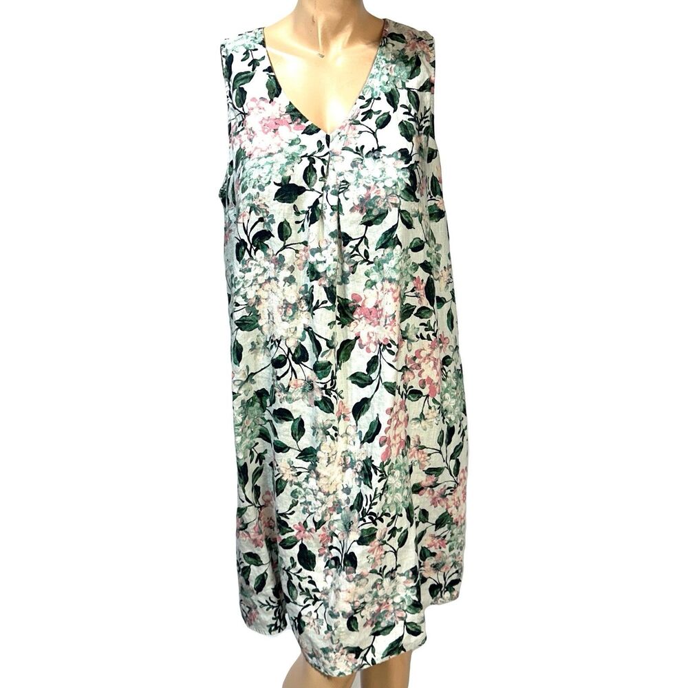 J. Jill Love Linen Dress Size L Large Pockets Knee Length Sleeveless Floral